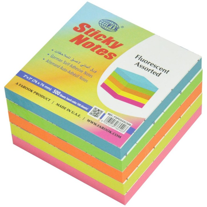 FIS Sticky Note Pad 5-colors 3 x 3in FSPO335C500 - Assorted Fluorescent (pkt/5pcs)