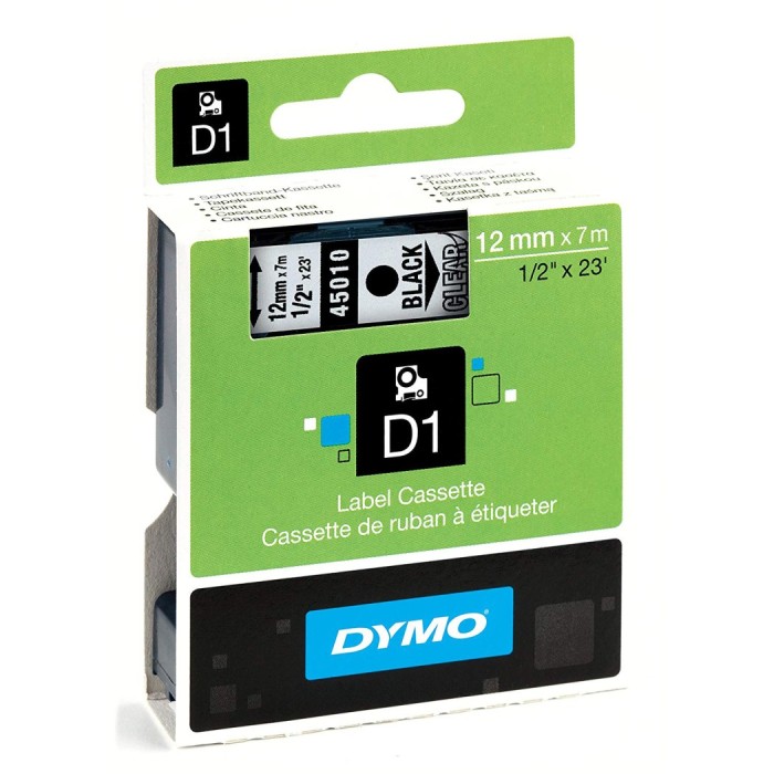 Dymo S0720500 (45010) D1 Standard Label Tape 12mm x 7m - Black on Transparent (pc)